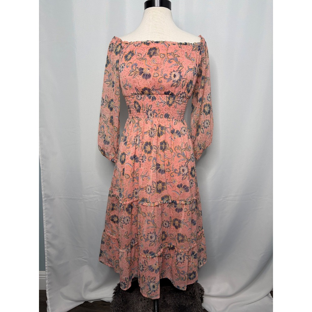 Patrons of Peace Boho‎ Cottagecore Pink Floral Smocked Off Shoulder Midi Dress S